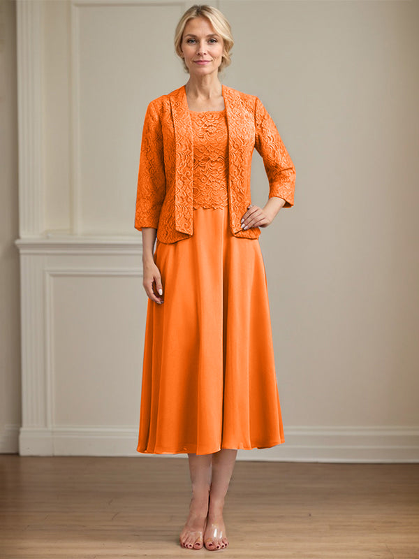 A-Line Scoop Neck Tea-Length Lace Chiffon Mother of the Bride Dress