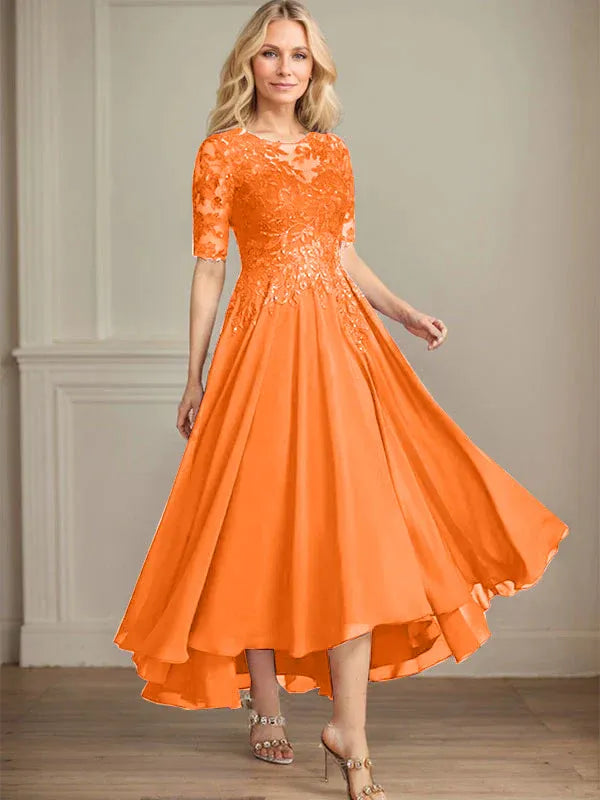 A-Line Scoop Neck Illusion Asymmetrical Chiffon and Lace Mother of the Bride Dress with Sequins