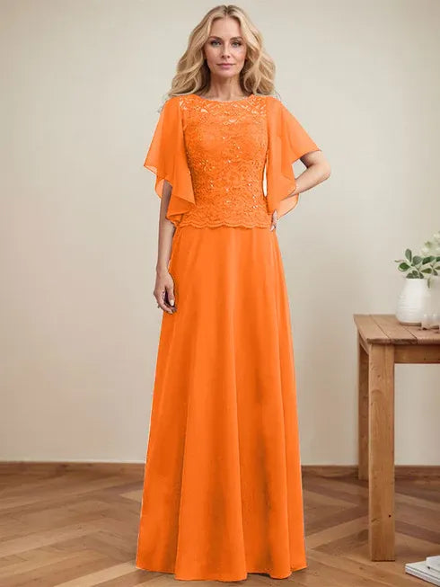 A-Line Scoop Neck Illusion Floor-Length Lace Chiffon Mother of the Bride Dress with Sequins