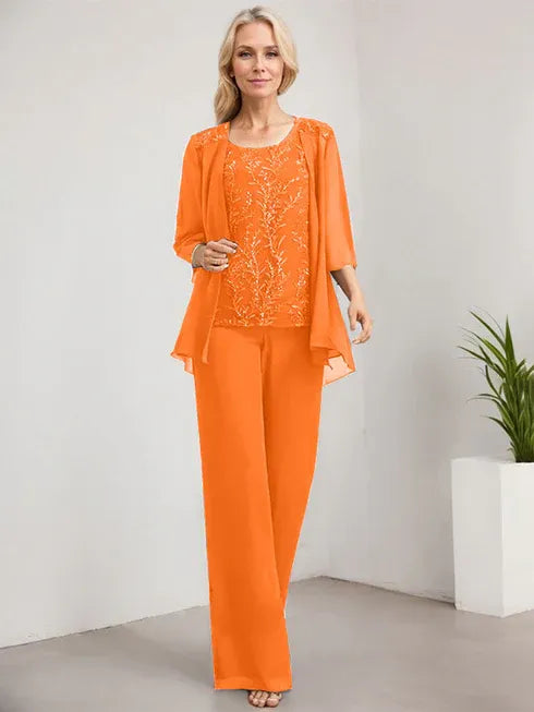 Floor-Length Lace Chiffon Mother of the Bride Jumpsuit/Pantsuit with Scoop Neck and Sequins
