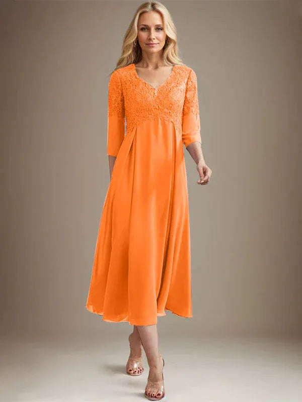 A-Line V-Neck Tea-Length Chiffon Lace Mother of the Bride Dress with Beading