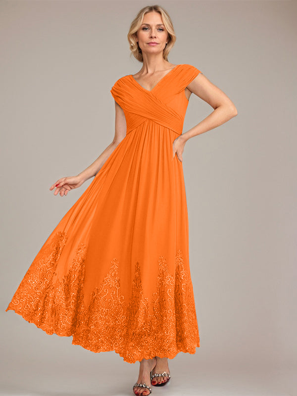 A-Line V-Neck Chiffon Mother of the Bride Dress with Appliqué and Sequins, Ankle-Length