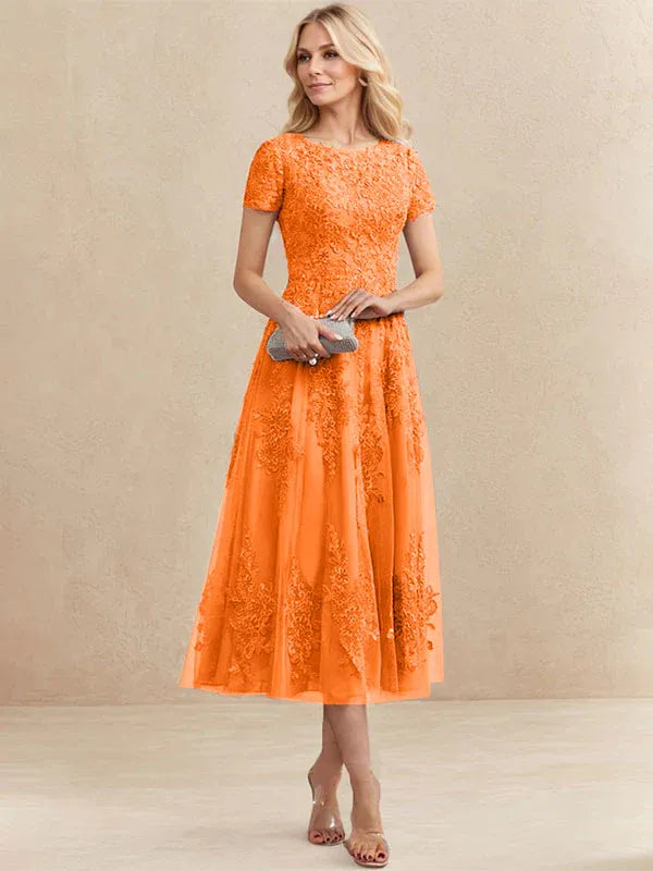 A-Line Scoop Neck Tea-Length Tulle Lace Mother of the Bride Dress
