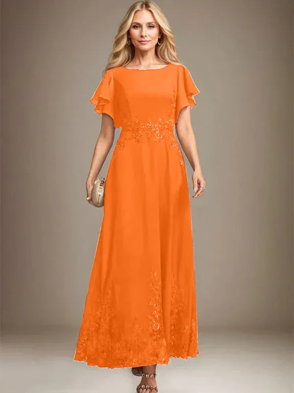 A-Line Scoop Neck Ankle-Length Lace and Chiffon Mother of the Bride Dress with Sequins