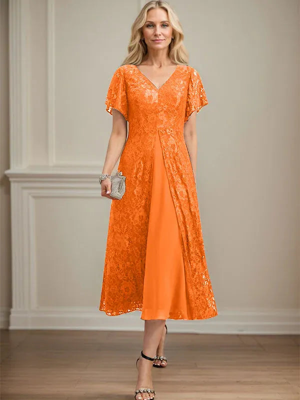 A-Line V-Neck Tea-Length Lace Chiffon Mother of the Bride Dress