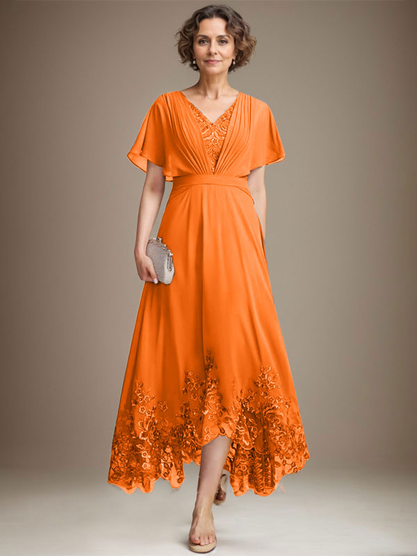 A-Line V-Neck Asymmetrical Lace Chiffon Mother of the Bride Dress with Pleats