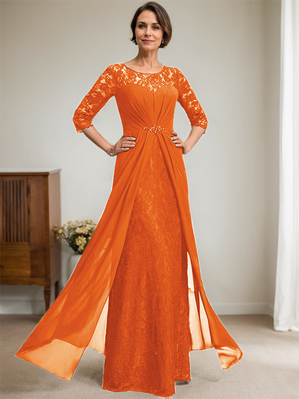 A-Line Scoop Neck Illusion Floor-Length Lace Chiffon Mother of the Bride Dress with Beaded Ruffles