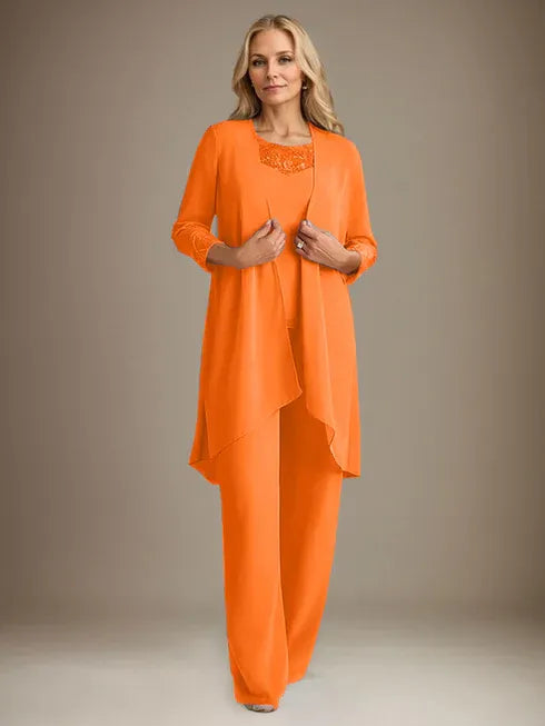 Chiffon Scoop Neck Long Sleeve Mother of the Bride Pantsuit with Jacket