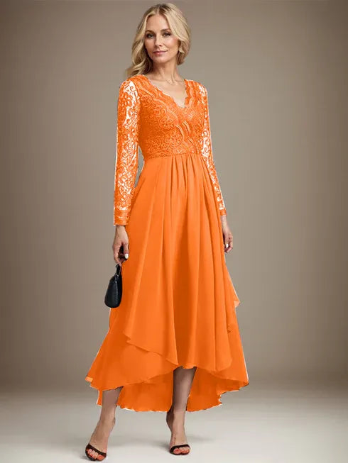 A-Line V-Neck Asymmetrical Lace Chiffon Mother of the Bride Dress