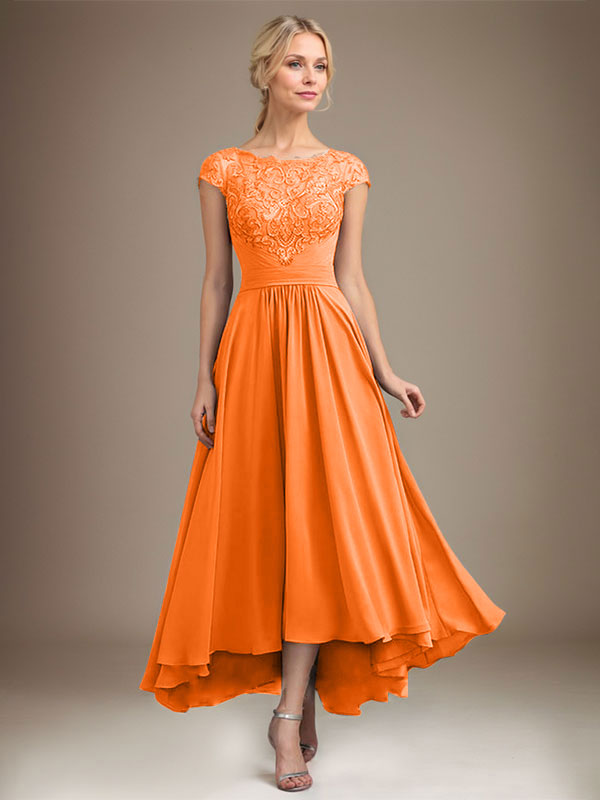 A-Line Scoop Neck Illusion Asymmetrical Lace Chiffon Mother of the Bride Dress with Pleats