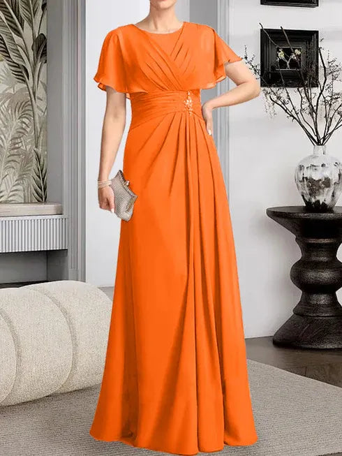 A-Line Scoop Neck Floor-Length Chiffon Mother of the Bride Dress with Pleated Beading