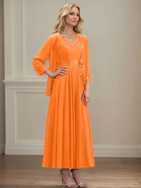 A-Line V-Neck Chiffon Mother of the Bride Dress with Sequins, Appliques, Lace, and Beading at Ankle Length