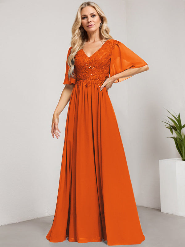 A-Line V-Neck Floor-Length Lace Chiffon Mother of the Bride Dress with Sequins
