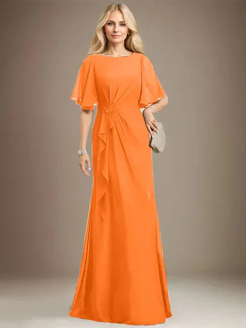A-Line Scoop Floor-Length Chiffon Mother of the Bride Dress with Cascading Ruffles, Beading, and Sequins