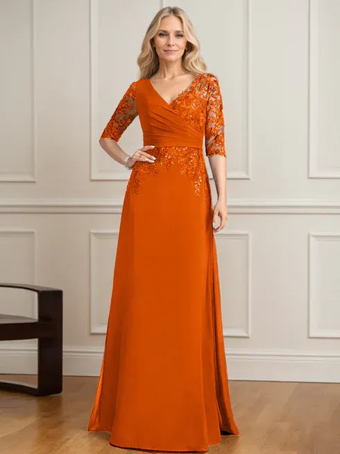 A-Line V-Neck Floor-Length Lace and Chiffon Mother of the Bride Dress with Pleated Sequins