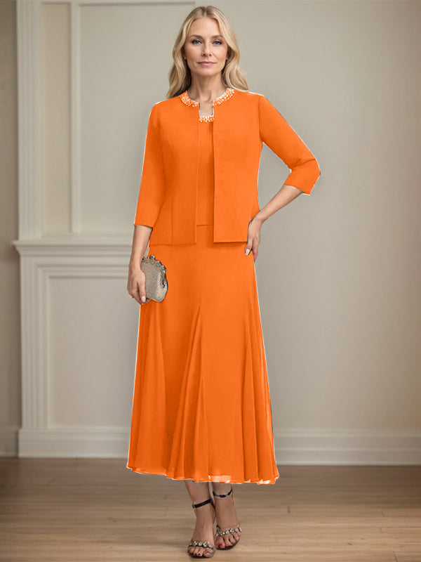 A-line Scoop Tea-Length Chiffon Mother of the Bride Dress with Sequins and Beading Separates