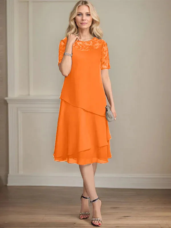 A-Line Scoop Neck Illusion Knee-Length Lace Chiffon Mother of the Bride Dress with Sequins