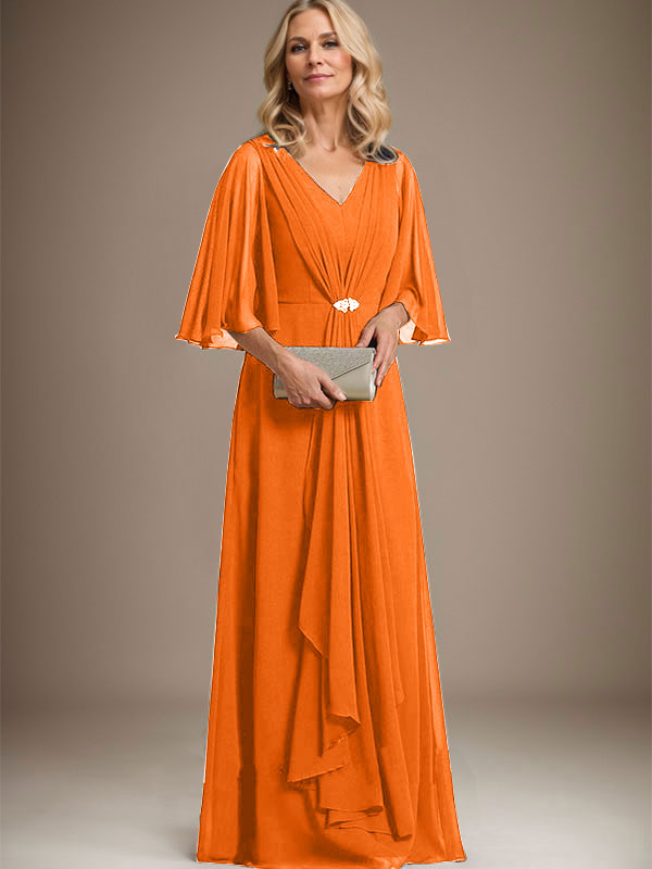 A-Line V-Neck Floor-Length Chiffon Mother of the Bride Dress with Cascading Ruffles and Crystal Brooch