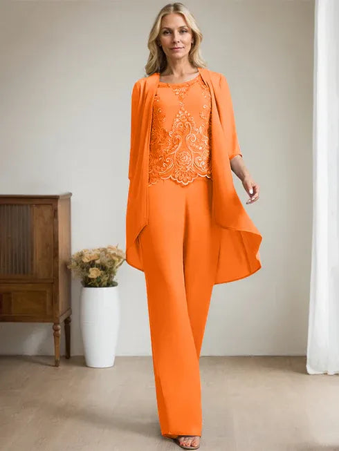 Floor-Length Chiffon Lace Mother of the Bride Jumpsuit/Pantsuit with Scoop Neck, Beading, and Sequins