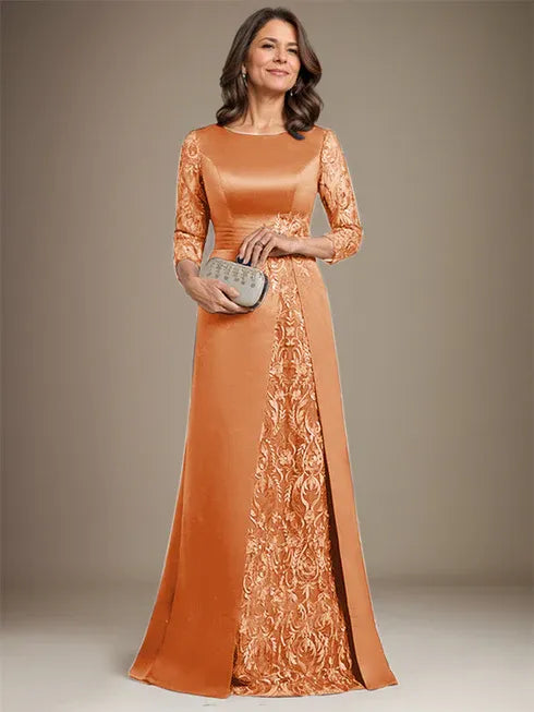 Floor-Length A-Line Lace Satin Mother of the Bride Dress with Scoop Neck and Applique
