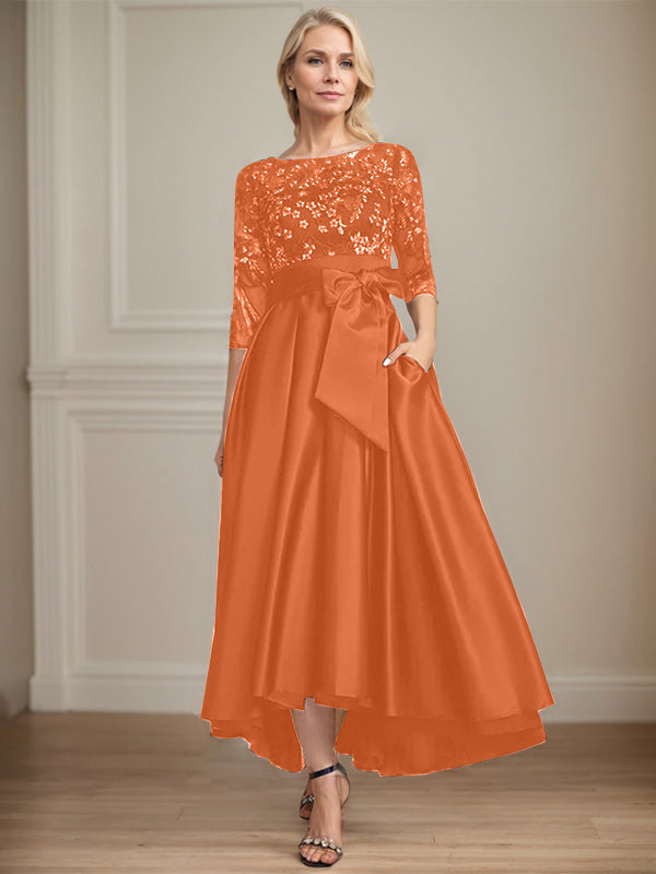 A-Line Scoop Neck Illusion Asymmetrical Satin Lace Mother of the Bride Dress with Bow