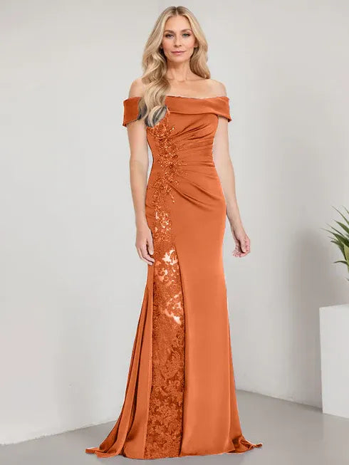 A-Line Off-the-Shoulder Floor-Length Mother of the Bride Dress with Appliqué Beadings and Mermaid Silhouette Featuring a High Split