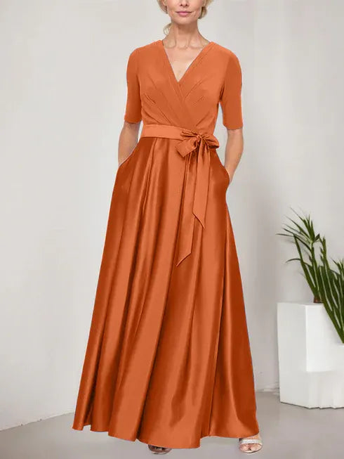 Surplice Neckline Ballgown with Full Satin Skirt and Jersey Bodice