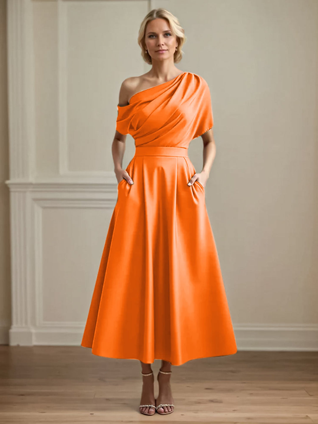 One-Shoulder Satin A-Line Pleated Ankle-Length Mother of the Bride Dress