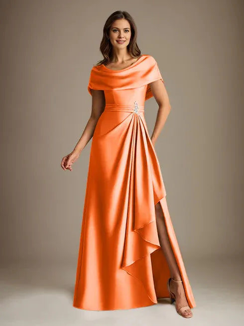 A-Line Scoop Neck Floor-Length Stretch Satin Mother of the Bride Dress with Cascading Ruffles