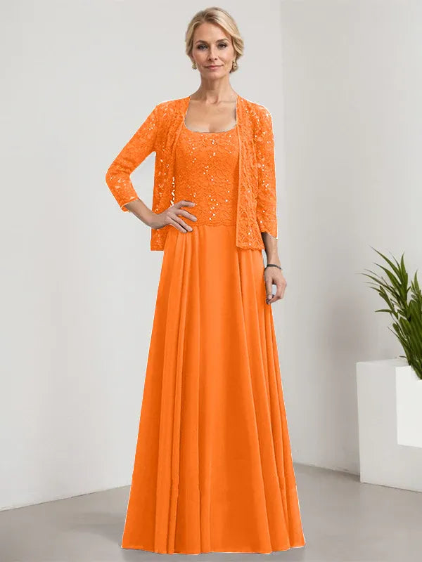 A-Line Square Neck Floor-Length Lace and Chiffon Mother of the Bride Dress with Sequins