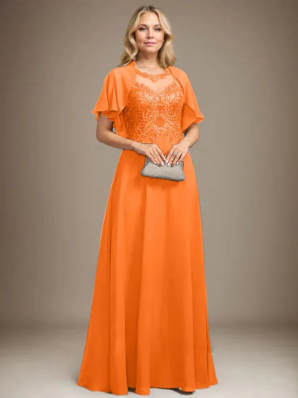 A-Line Scoop Neck Illusion Floor-Length Lace Chiffon Mother of the Bride Dress with Sequins