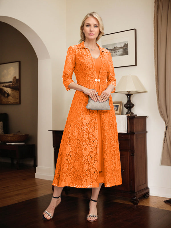 A-Line V-Neck Tea-Length Chiffon Mother of the Bride Dress