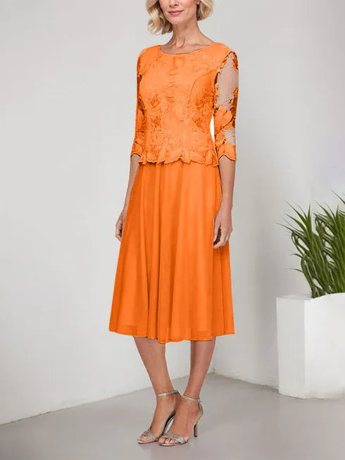 A-Line Scoop Neck Tea-Length Lace Chiffon Mother of the Bride Dress with Embroidery