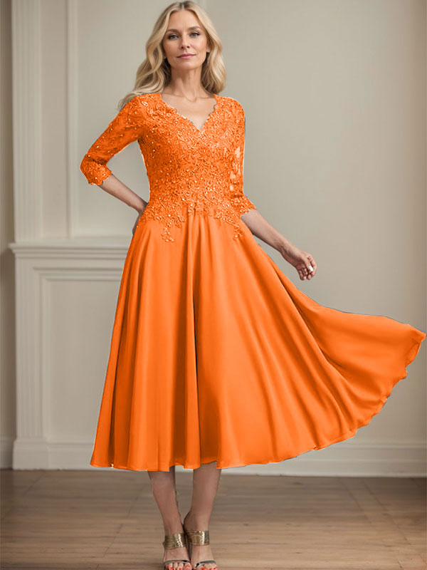 A-Line V-Neck Tea-Length Chiffon and Lace Mother of the Bride Dress with Beading and Sequins