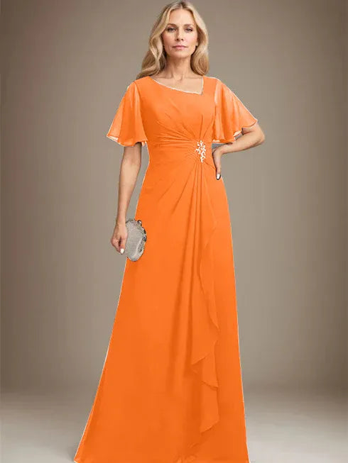 A-Line Asymmetrical Floor-Length Chiffon Mother of the Bride Dress with Pleated Beading and Sequins