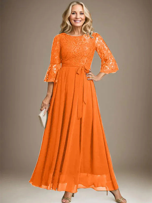 A-Line Scoop Neck Ankle-Length Lace Chiffon Mother of the Bride Dress with Bow