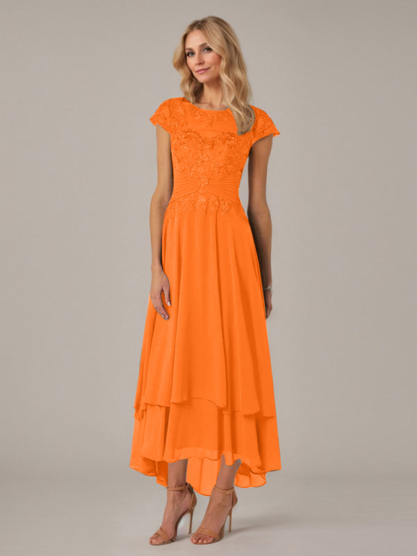 A-Line Boat Neck Illusion Asymmetrical Chiffon Lace Mother of the Bride Dress with Applique and Pleats
