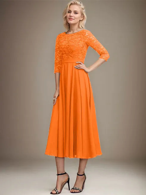 A-Line Scoop Neck Tea-Length Lace Chiffon Mother of the Bride Dress with Sequins
