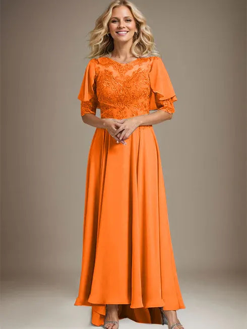 A-Line Scoop Neck Illusion Asymmetrical Chiffon and Lace Mother of the Bride Dress with Beading