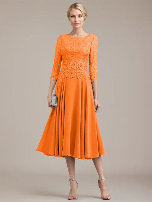A-Line Scoop Neck Tea-Length Lace Chiffon Mother of the Bride Dress