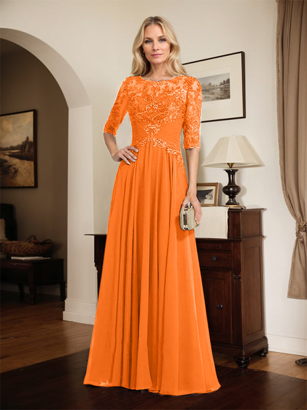 A-Line Scoop Neck Illusion Floor-Length Chiffon and Lace Mother of the Bride Dress with Pleated Sequins