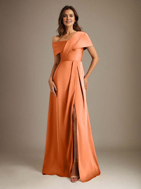 A-Line Satin Mother of the Bride Dress with Asymmetrical Neckline, Floor-Length, and Pleated Design