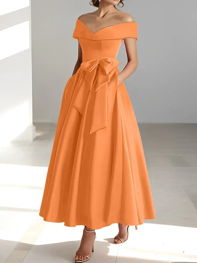A-Line Off-the-Shoulder Sleeveless Ankle-Length Mother of the Bride Dress with Pockets