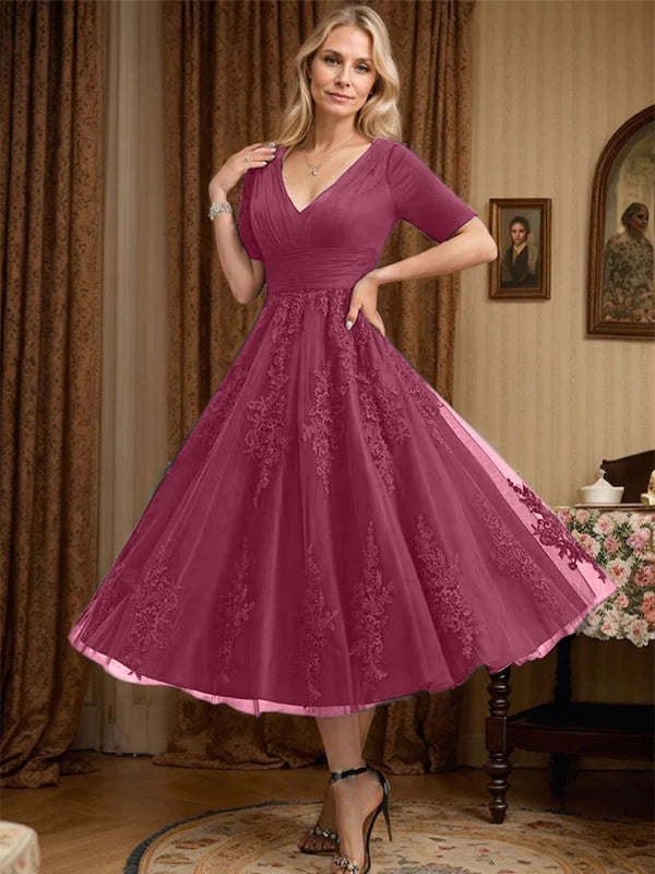 A-Line V-Neck Tea-Length Tulle Lace Mother of the Bride Dress with Pleats
