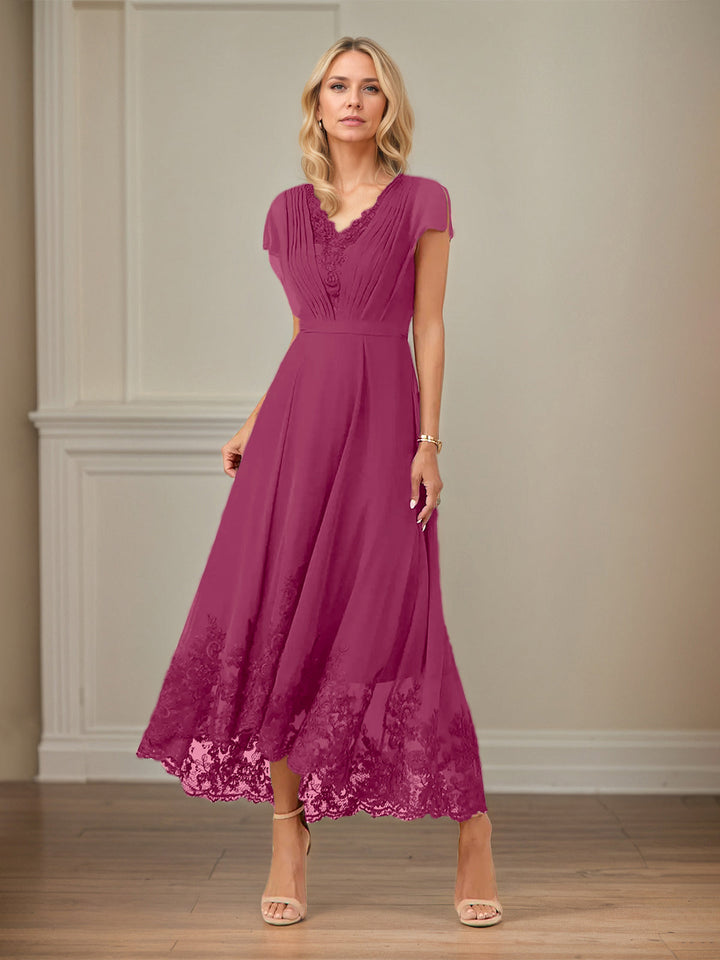 A-Line V-Neck Flutter Sleeve Chiffon Dress with Appliques and Ankle Length