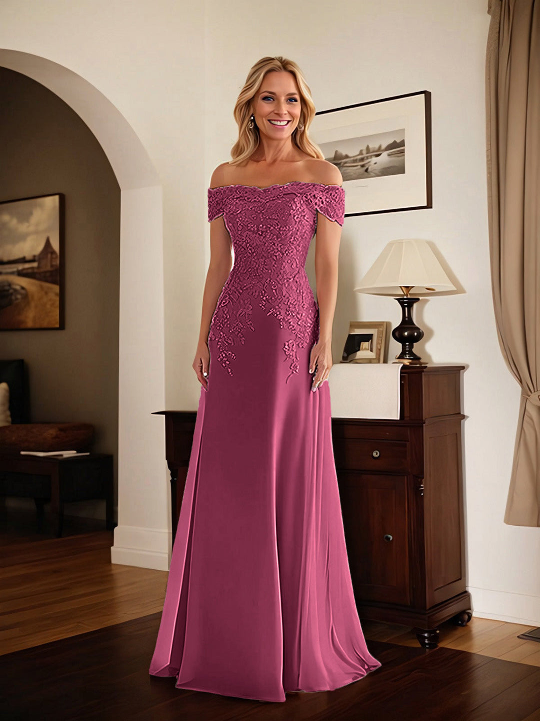 Elegant Taupe Off-the-Shoulder Lace Sheath Dress for Mother of the Bride