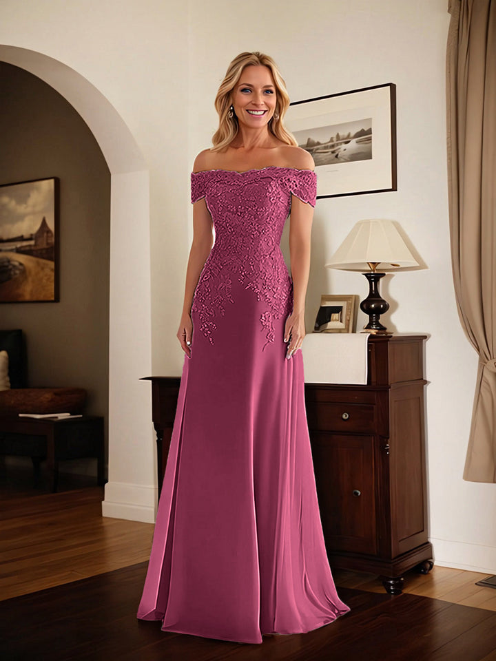 Elegant Taupe Off-the-Shoulder Lace Sheath Dress for Mother of the Bride