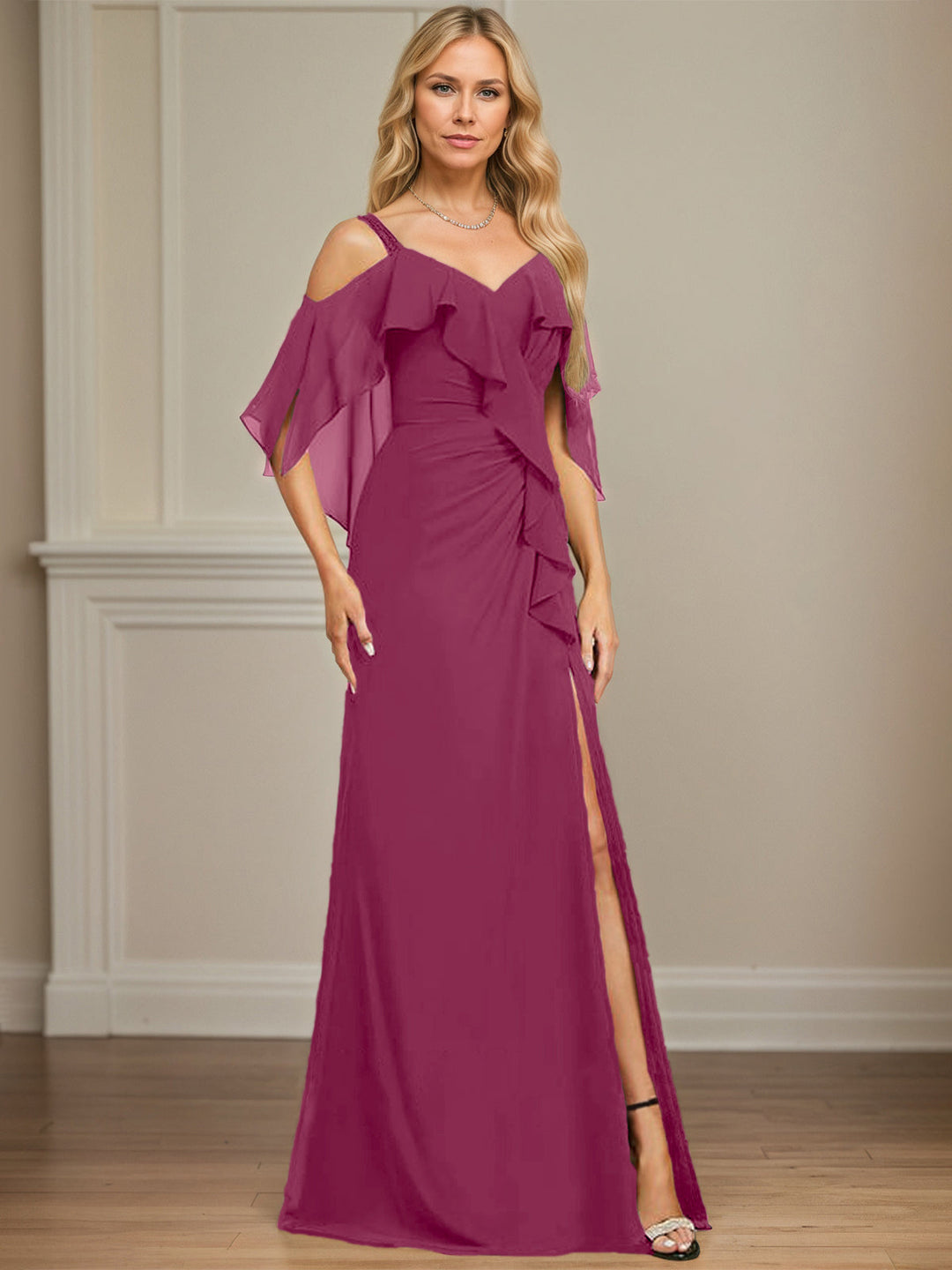 Sheath/Column Cold Shoulder V-Neck Floor-Length Chiffon Dress with Cascading Ruffles, Sequins, and Beading
