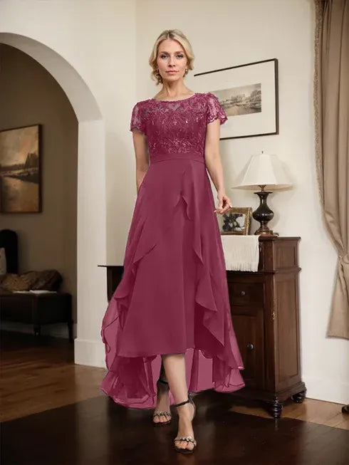 A-Line Scoop Neck Illusion Asymmetrical Chiffon Lace Mother of the Bride Dress with Bow, Ruffle, and Sequins