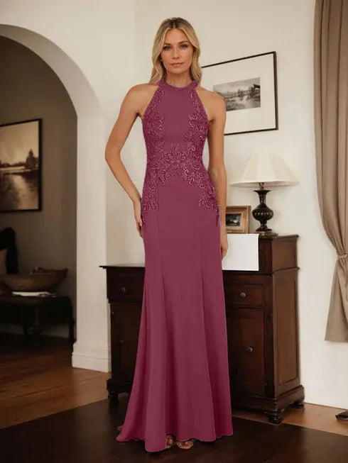 Dusty Blue Sheath Halter Mother of the Bride Dress with Appliqué Details